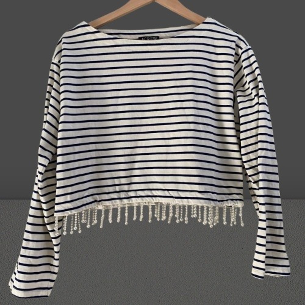 J. Crew Terry Top Striped Cropped Pearl Fringe Medium
